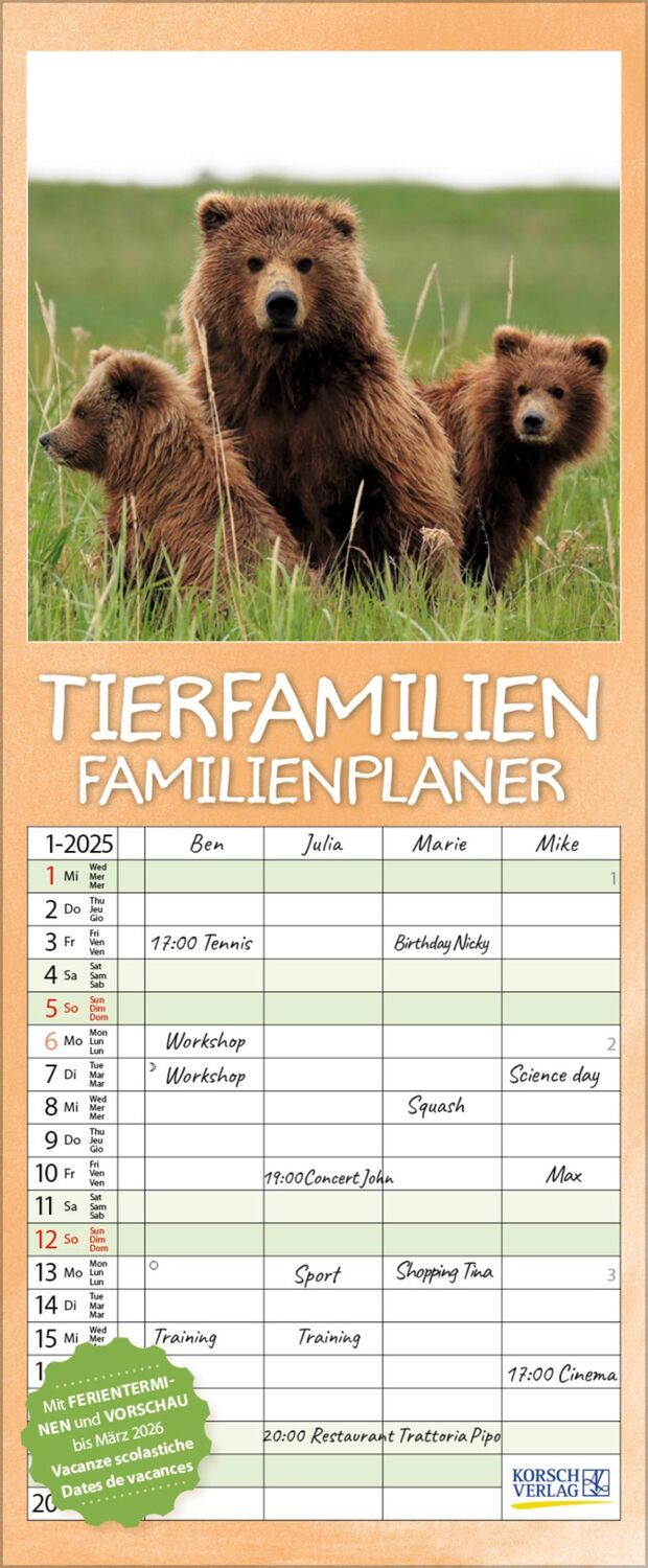 Cover: 9783731880387 | Tierfamilien Familienplaner 2025 | Verlag Korsch | Kalender | 13 S.