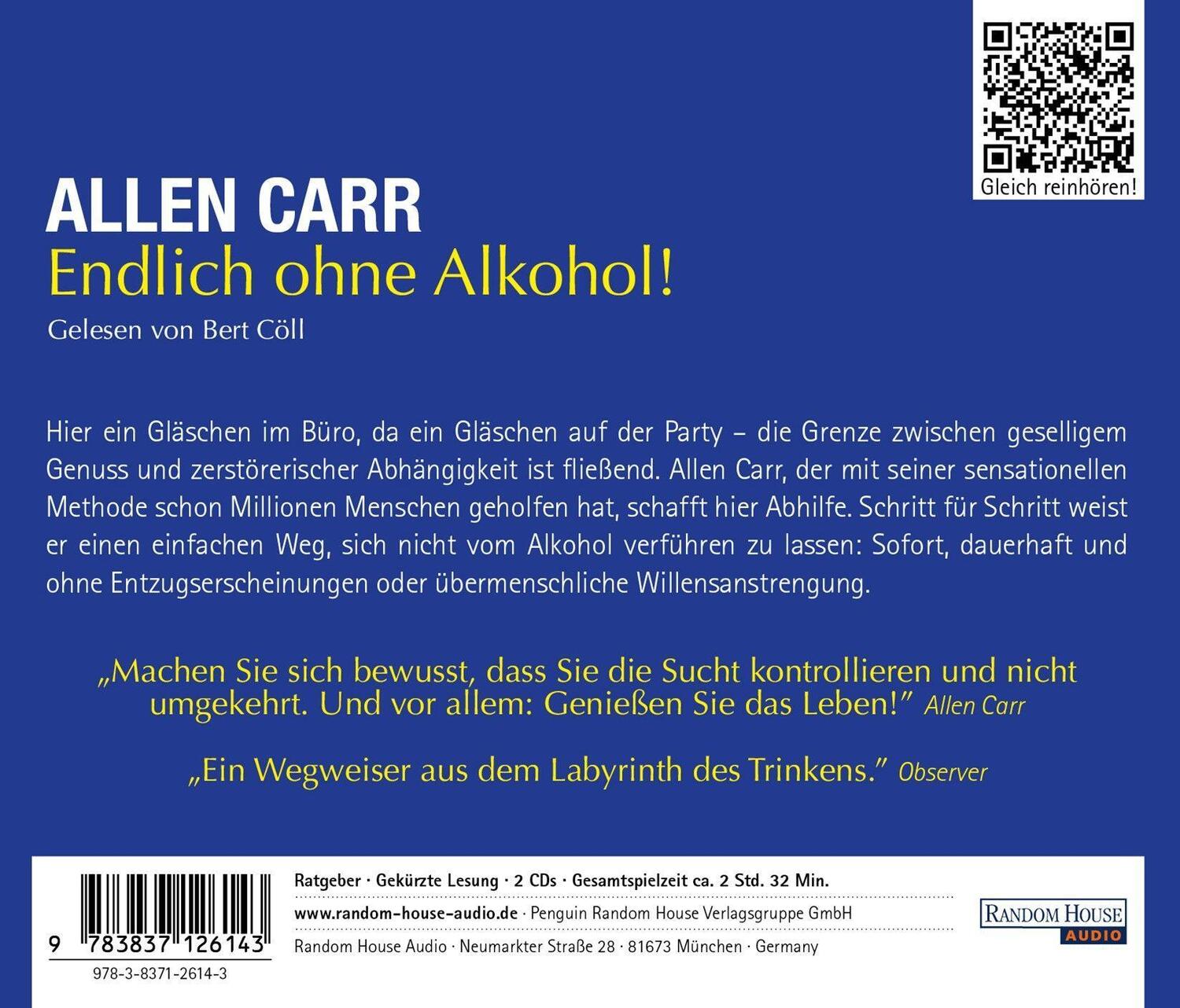 Bild: 9783837126143 | Endlich ohne Alkohol! | Allen Carr | Audio-CD | 2 Audio-CDs | Deutsch