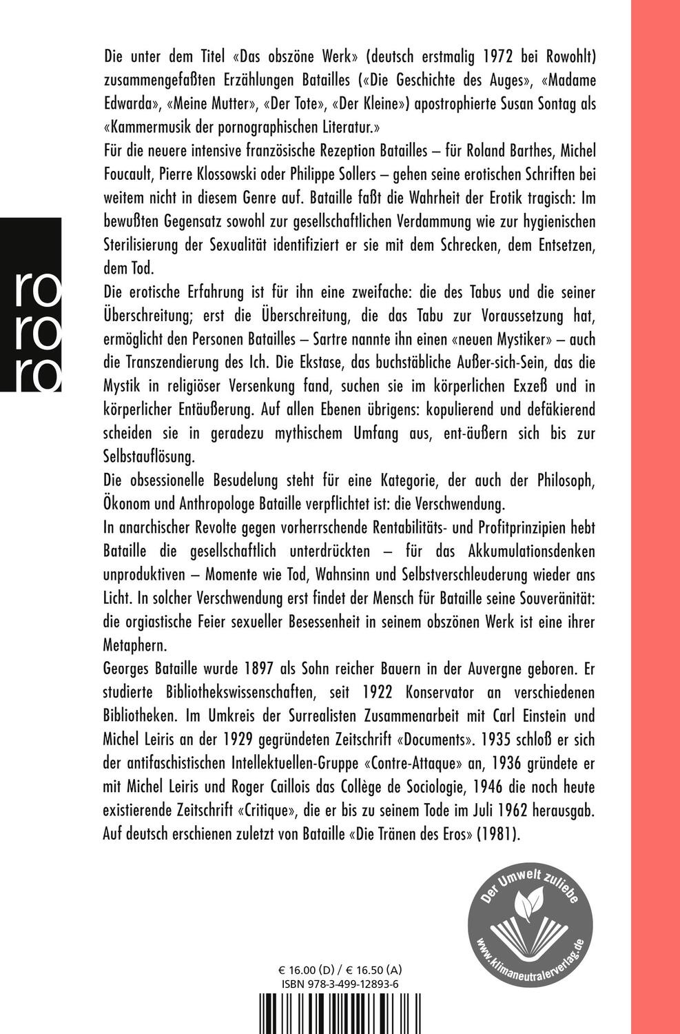 Rückseite: 9783499128936 | Das obszöne Werk | Georges Bataille | Taschenbuch | Deutsch | 2001