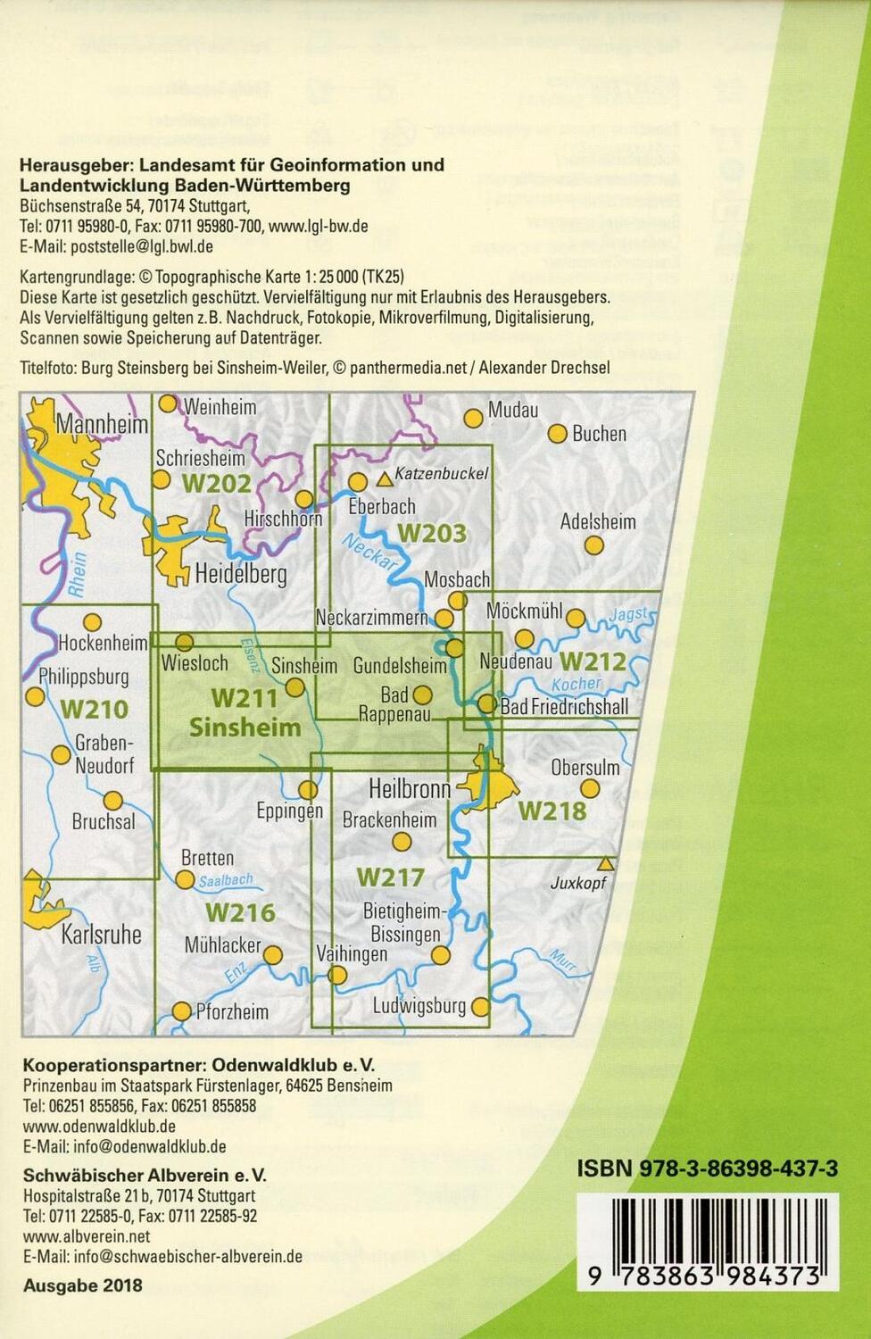 Bild: 9783863984373 | W211 Wanderkarte 1:25 000 Sinsheim | Kraichgau Wiesloch Bad Rappenau