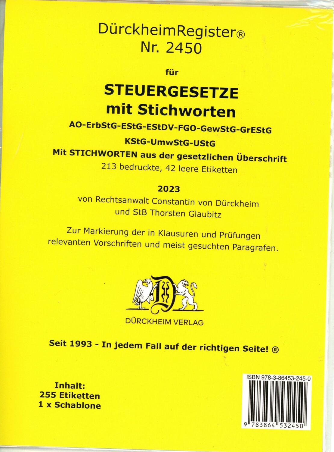 Cover: 9783864532450 | DürckheimRegister® STEUERGESETZE mit Stichworten (2023) | Taschenbuch