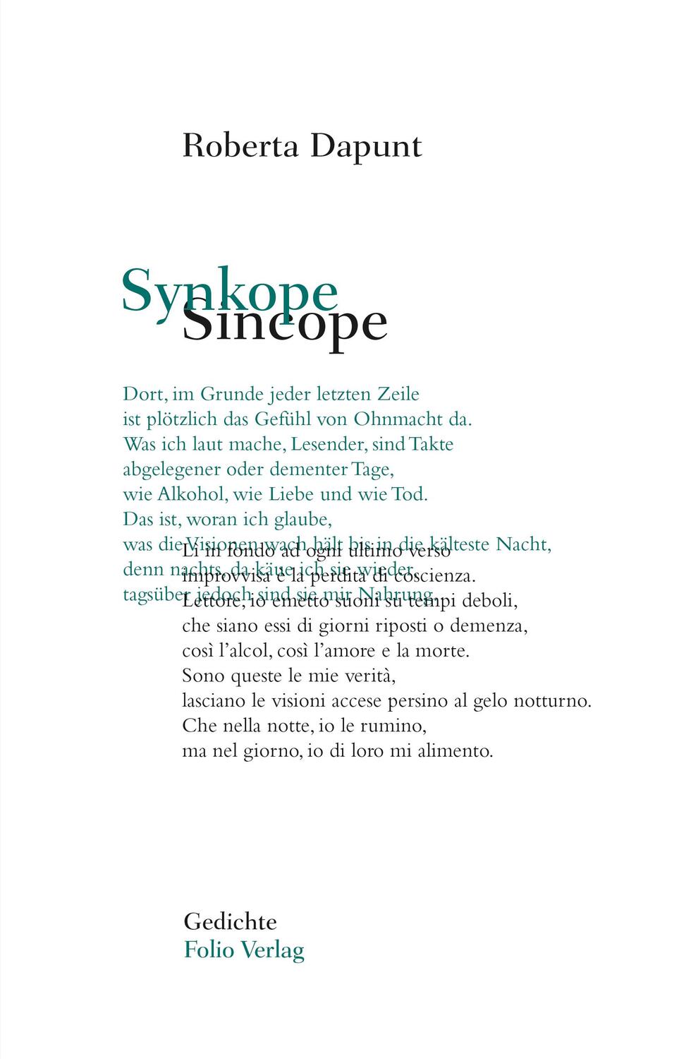 Cover: 9783852568393 | Synkope / Sincope | Gedichte deutsch / italienisch | Roberta Dapunt