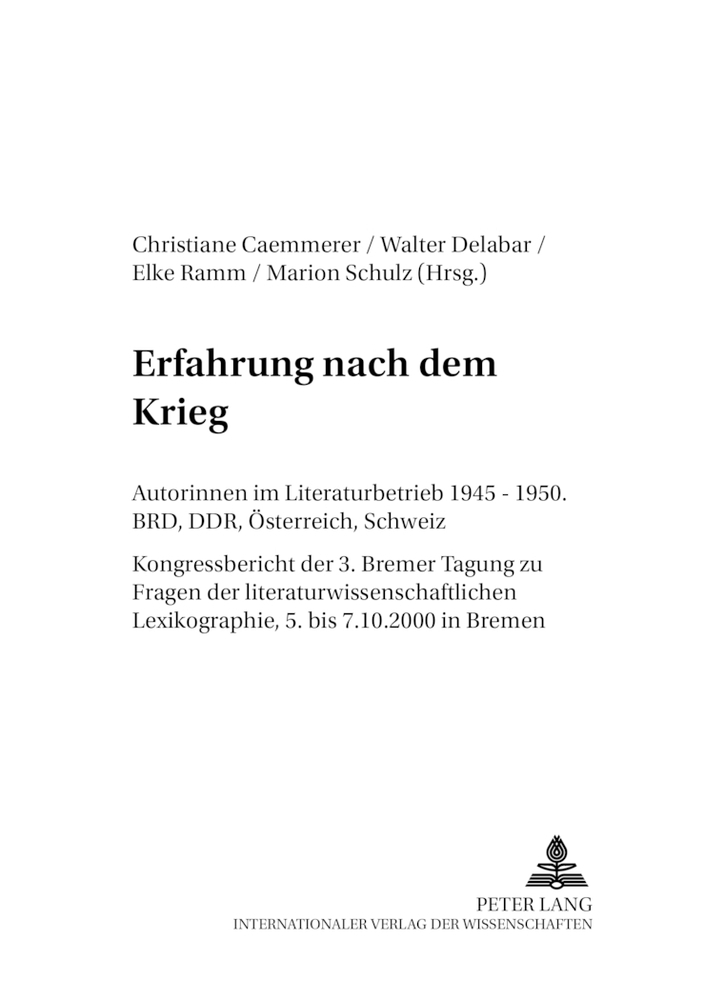 Cover: 9783631389614 | Erfahrung nach dem Krieg | Christiane Caemmerer (u. a.) | Taschenbuch