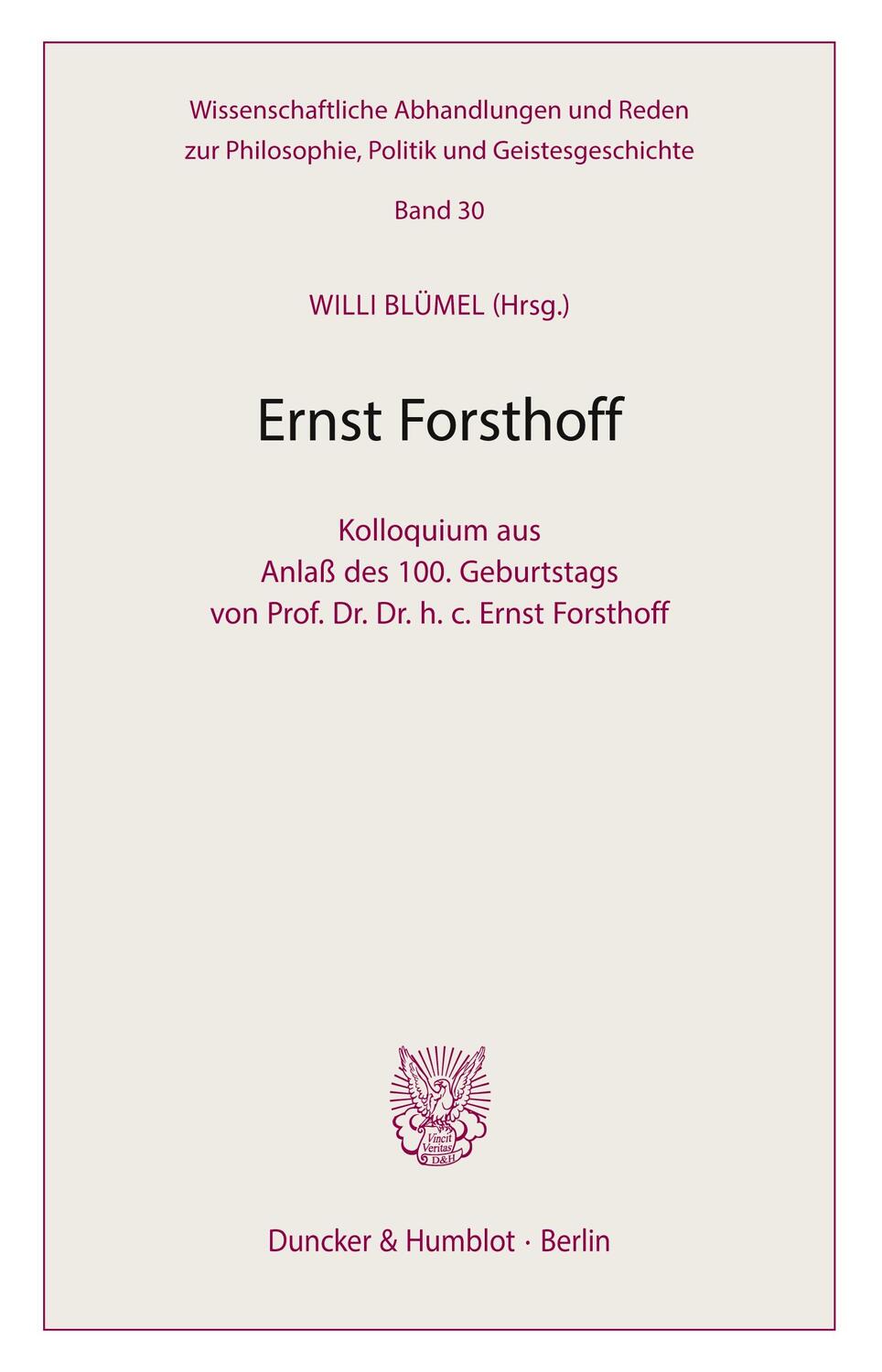 Cover: 9783428109395 | Ernst Forsthoff. | Willi Blümel | Taschenbuch | Paperback | Deutsch