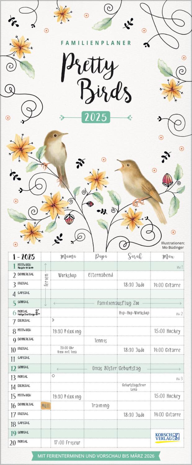 Cover: 9783731877134 | Familienplaner Pretty Birds 2025 | Verlag Korsch | Kalender | 14 S.