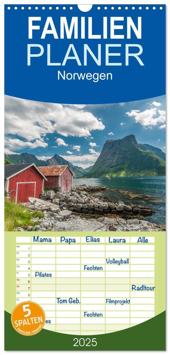 Cover: 9783457113103 | Familienplaner 2025 - Norwegen mit 5 Spalten (Wandkalender, 21 x 45...