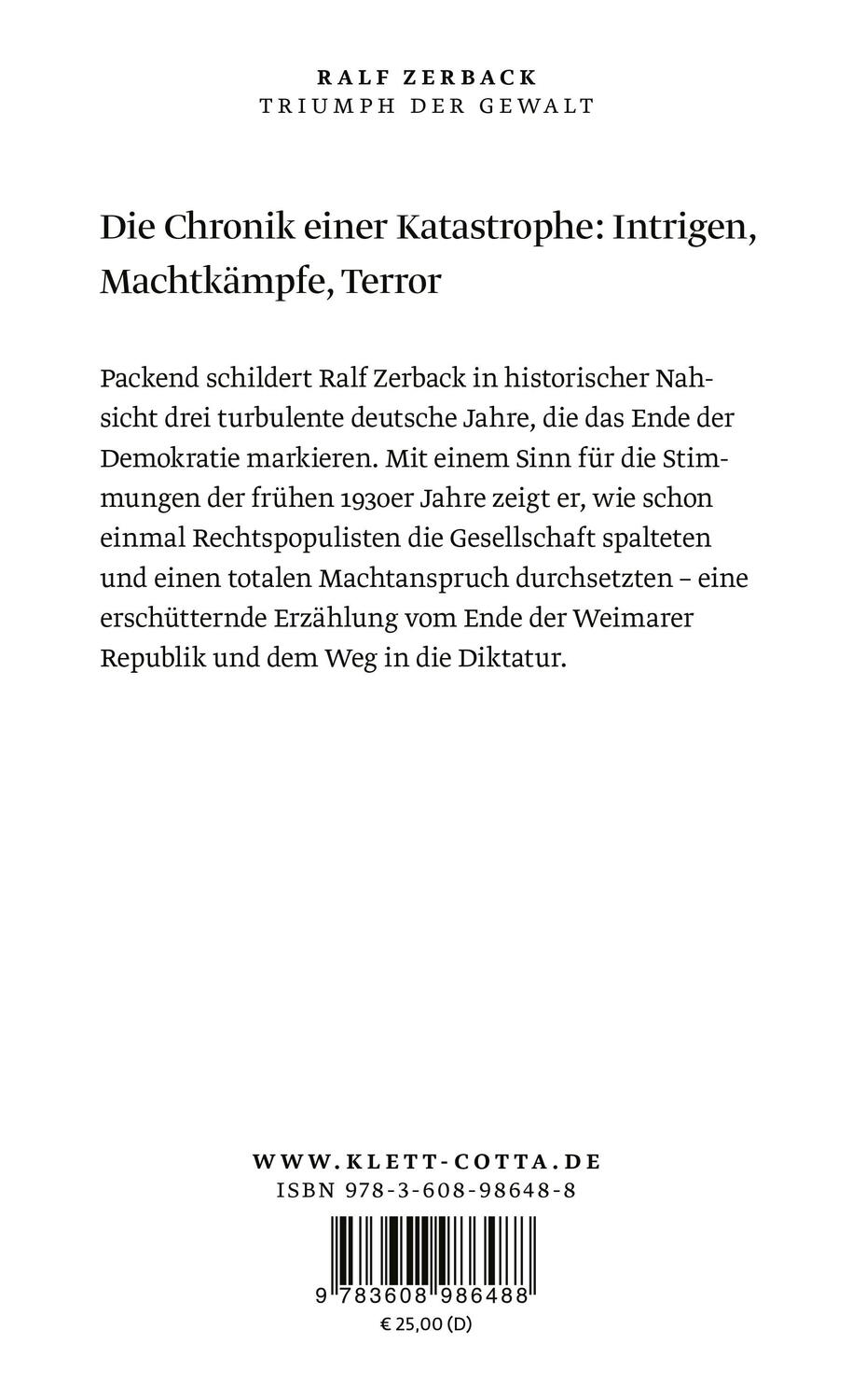 Rückseite: 9783608986488 | Triumph der Gewalt | Drei deutsche Jahre 1932 bis 1934 | Ralf Zerback