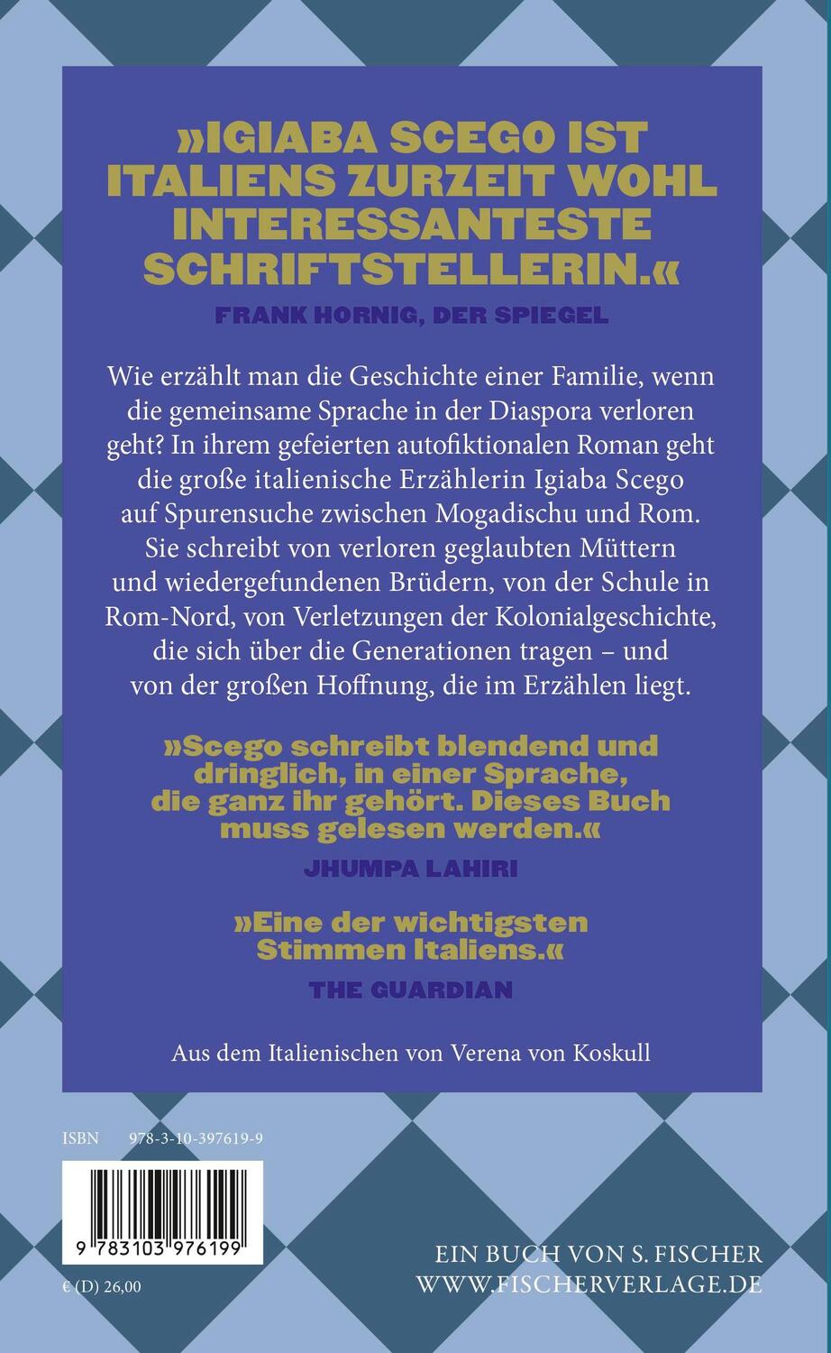 Rückseite: 9783103976199 | Kassandra in Mogadischu | Igiaba Scego | Buch | 416 S. | Deutsch