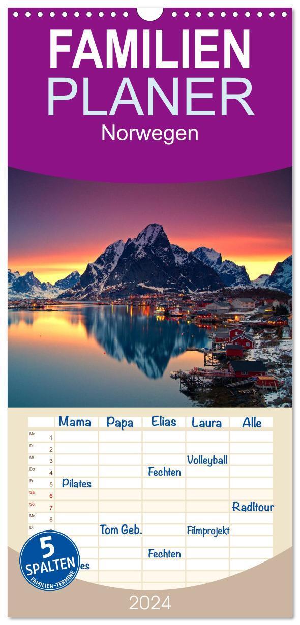 Cover: 9783383077395 | Familienplaner 2024 - Norwegen mit 5 Spalten (Wandkalender, 21 x 45...