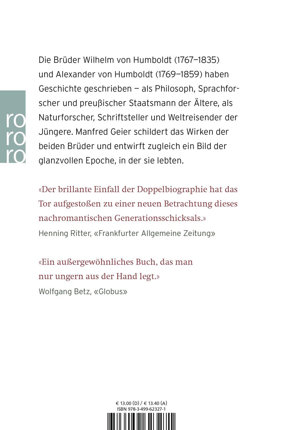 Rückseite: 9783499623271 | Die Brüder Humboldt | Eine Biographie | Manfred Geier | Taschenbuch