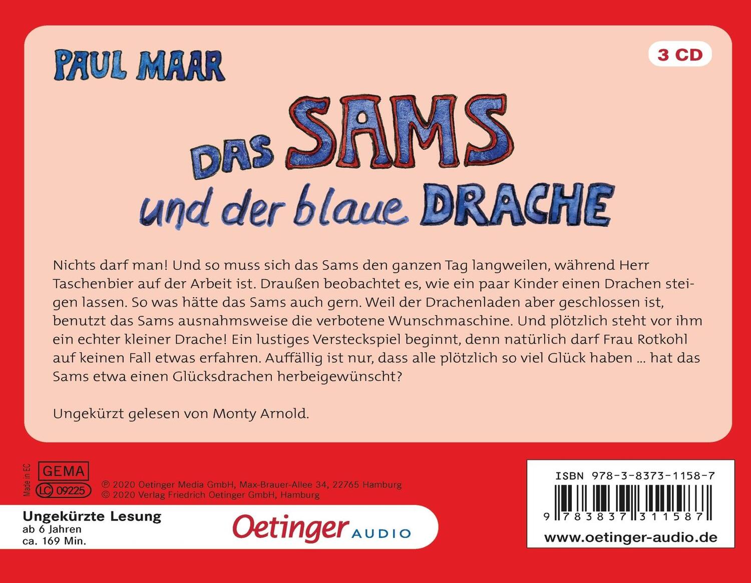Rückseite: 9783837311587 | Das Sams 10. Das Sams und der blaue Drache | (3 CD) | Paul Maar | CD