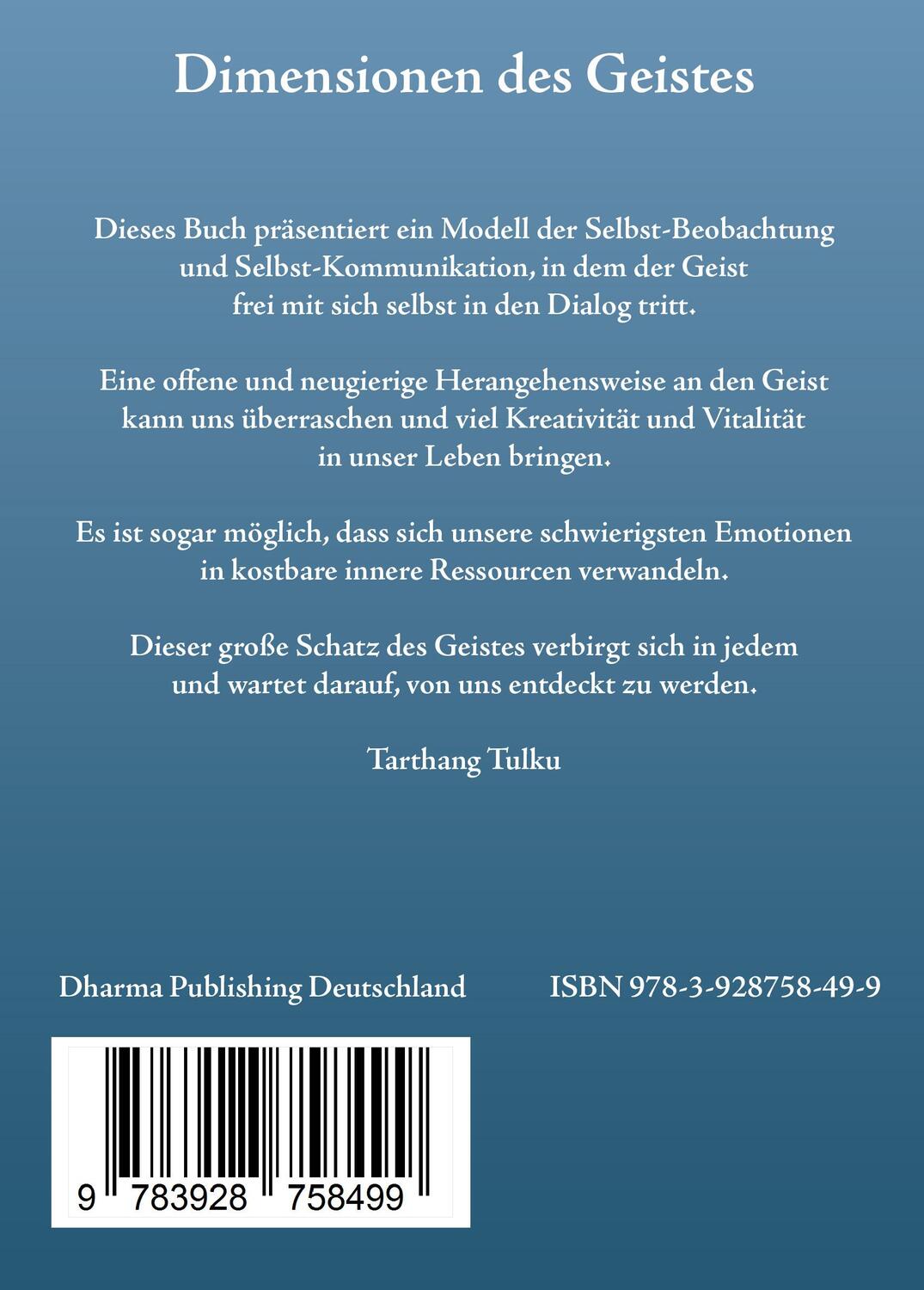 Rückseite: 9783928758499 | Dimensionen des Geistes | Tarthang Tulku | Taschenbuch | 356 S. | 2024