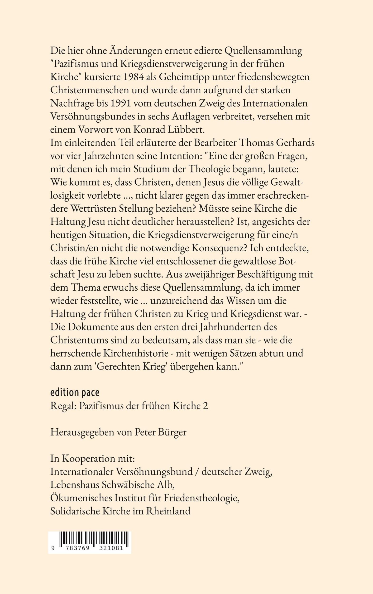 Rückseite: 9783769321081 | Pazifismus und Kriegsdienstverweigerung in der frühen Kirche | Buch