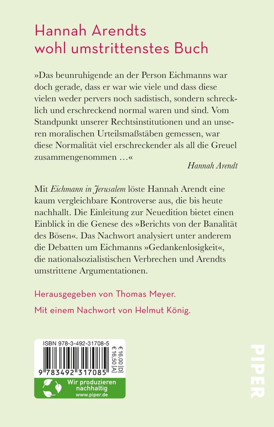 Rückseite: 9783492317085 | Eichmann in Jerusalem | Hannah Arendt | Taschenbuch | 560 S. | Deutsch