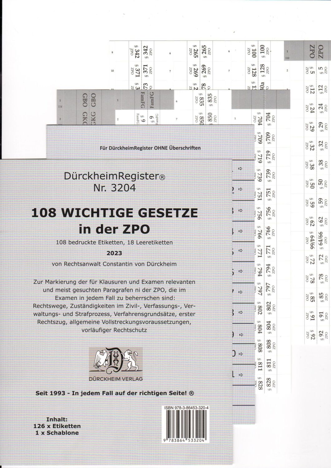 Cover: 9783864533204 | DürckheimRegister® 108 WICHTIGE §§ in der ZPO, ohne Stichworte | Stück