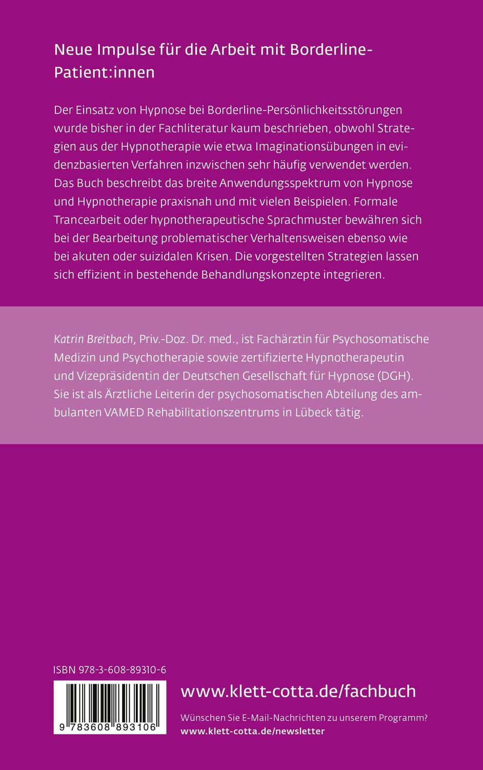 Rückseite: 9783608893106 | Hypnose bei Borderline-Persönlichkeitsstörungen (Leben Lernen, Bd....