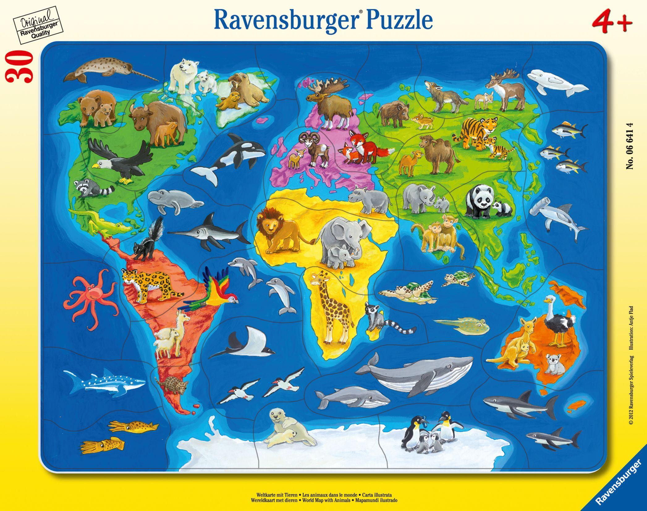 Cover: 4005556066414 | Weltkarte mit Tieren. Rahmenpuzzle 30 Teile | Spiel | 06641 | Deutsch