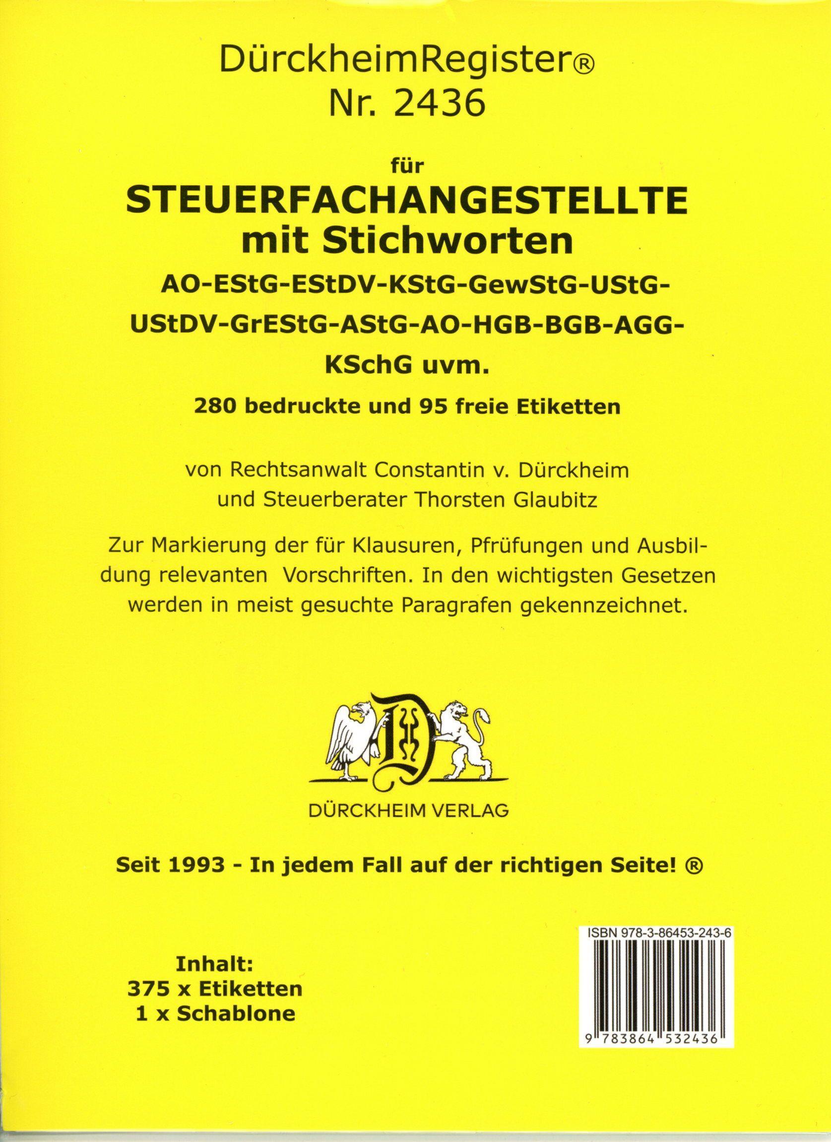 Cover: 9783864532436 | DürckheimRegister® STEUERFACHANGESTELLTE mit Stichworten Nr. 2436