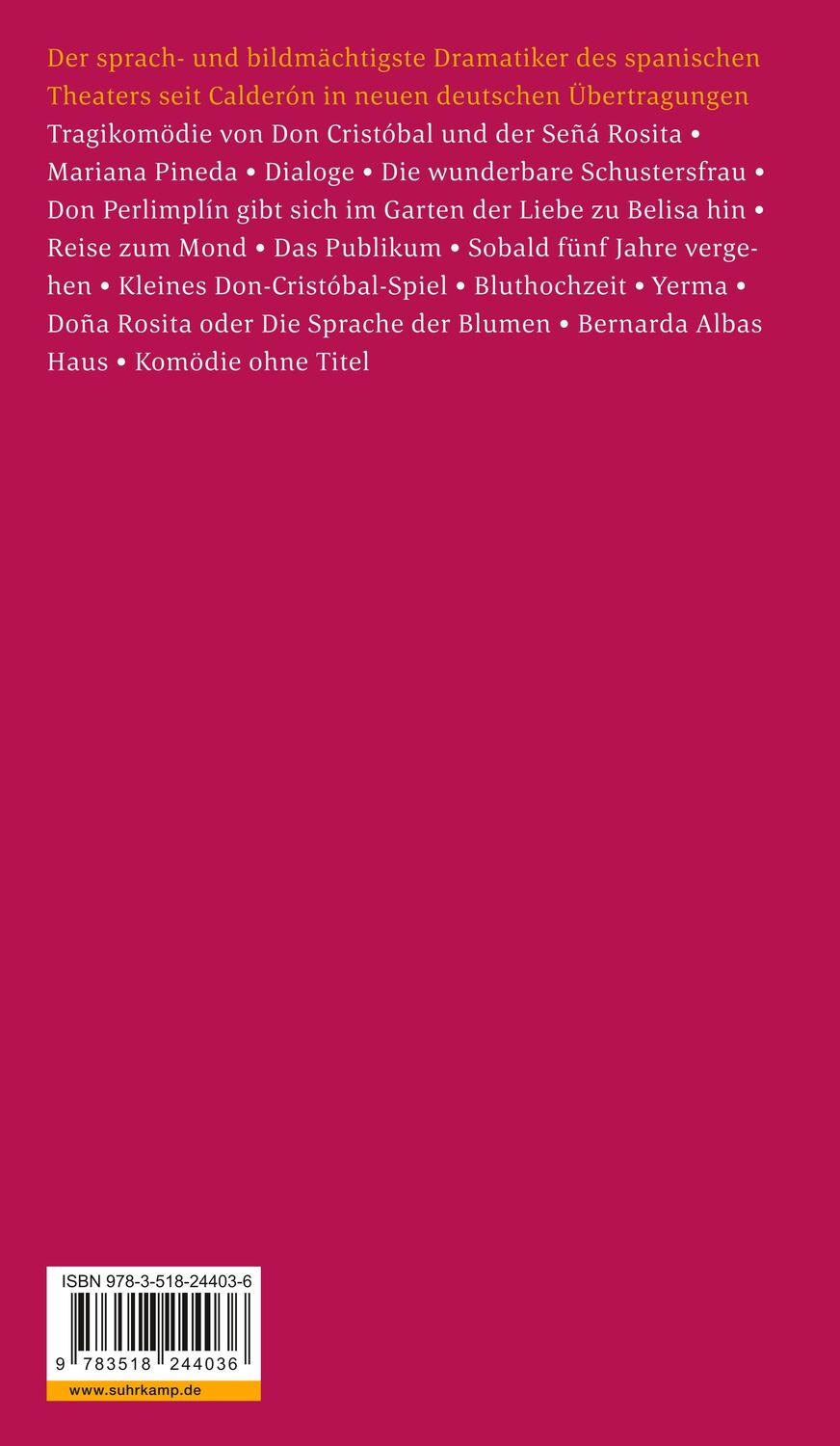 Rückseite: 9783518244036 | Die Stücke | In neuer Übersetzung | Federico García Lorca | Buch
