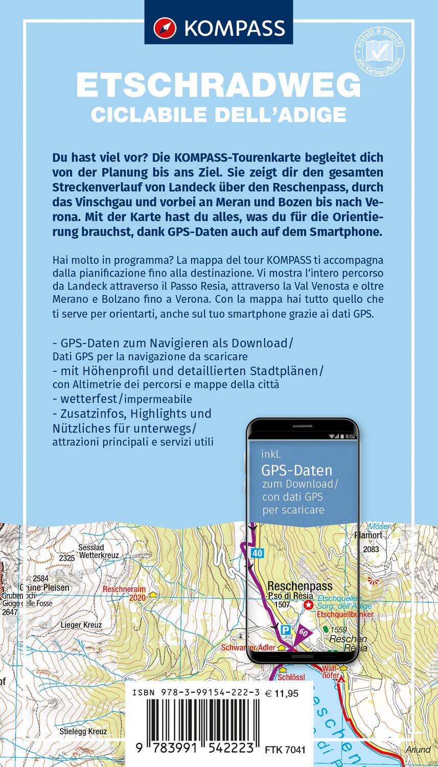 Rückseite: 9783991542223 | KOMPASS Fahrrad-Tourenkarte Etschradweg - Ciclabile dell'Adige...