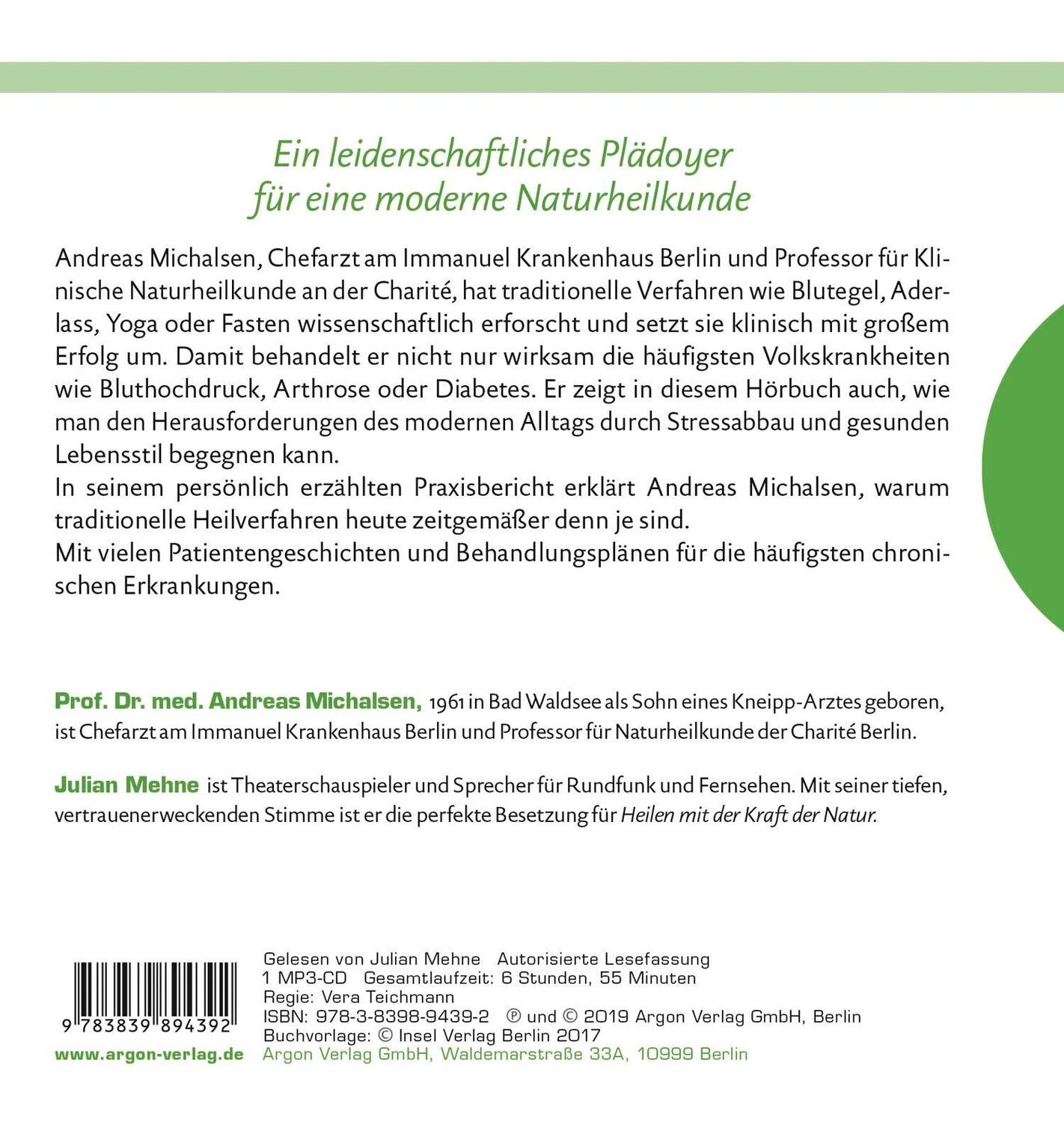 Rückseite: 9783839894392 | Heilen mit der Kraft der Natur | Andreas Michalsen | MP3 | 415 Min.