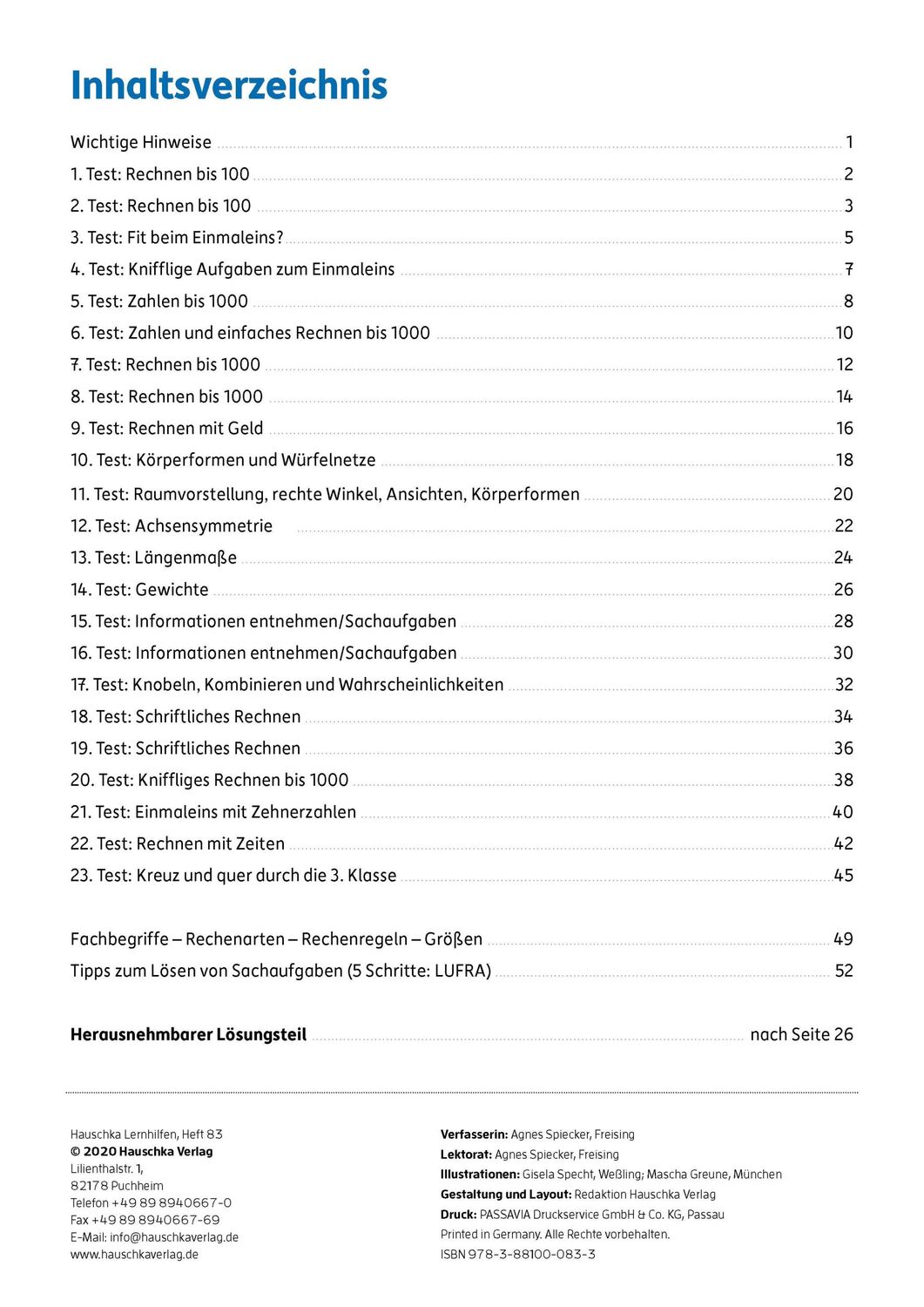 Bild: 9783881000833 | Tests in Mathe - Lernzielkontrollen 3. Klasse | Agnes Spiecker | 80 S.