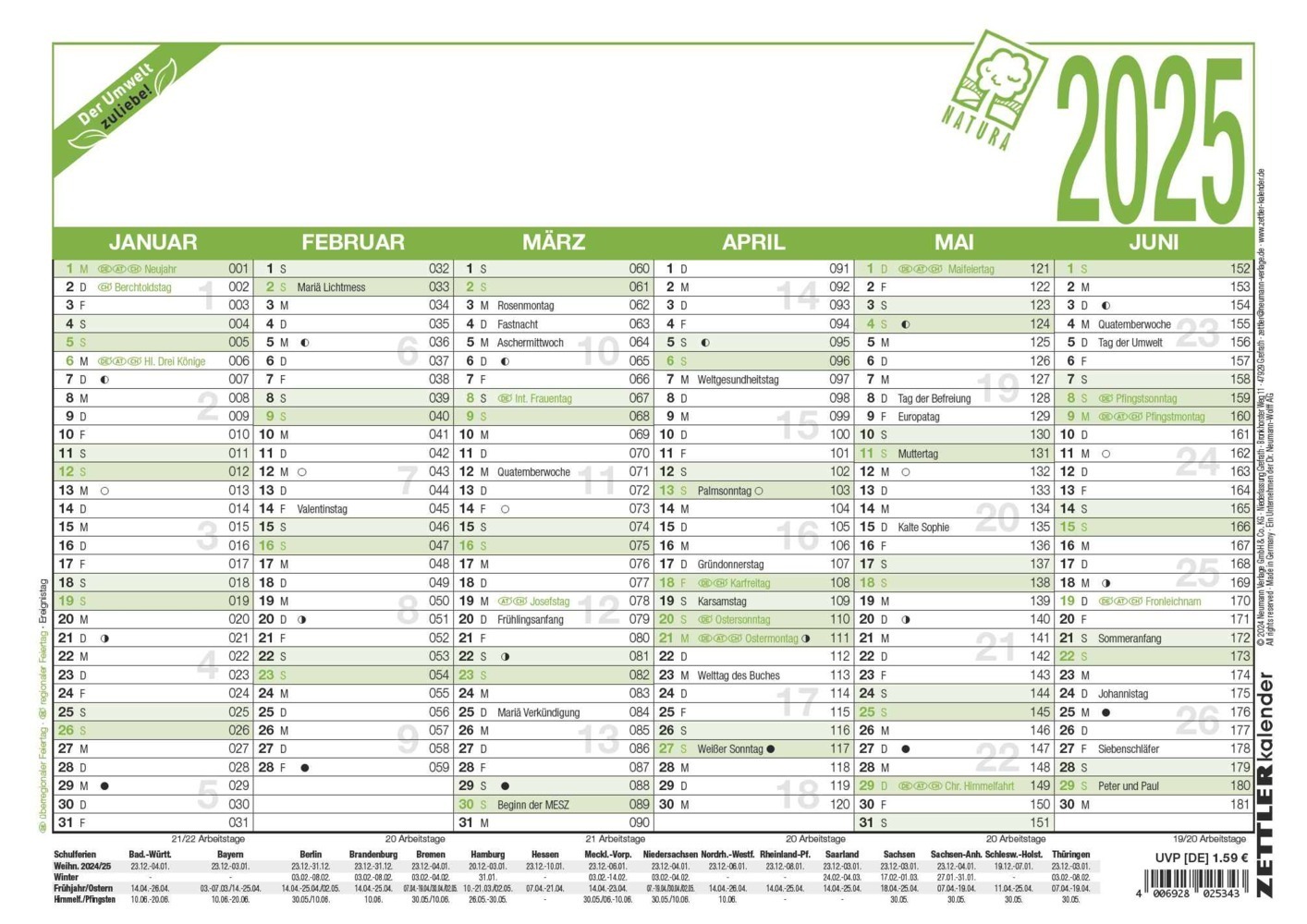 Cover: 4006928025343 | Arbeitstagekalender Recycling 2025 - A4 (29,7 x 21 cm) - 6 Monate...