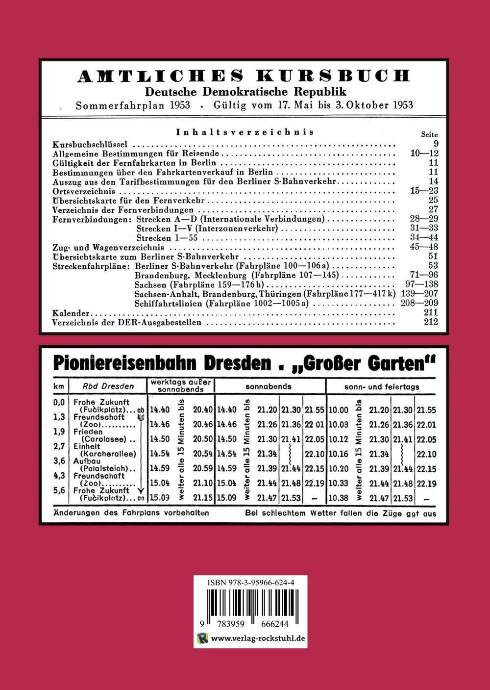 Rückseite: 9783959666244 | Kursbuch der Deutschen Reichsbahn - Sommerfahrplan 1953 | Rockstuhl