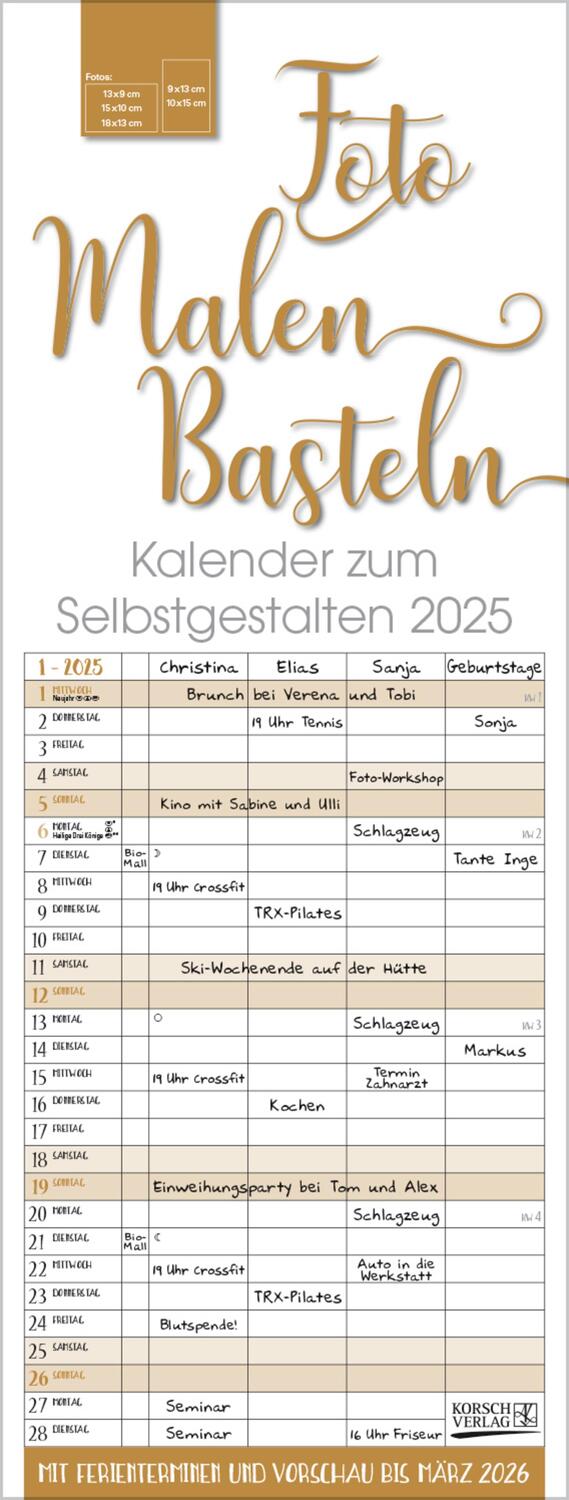 Cover: 9783731878506 | Foto-Malen-Basteln Familientimer gold 2025 | Verlag Korsch | Kalender