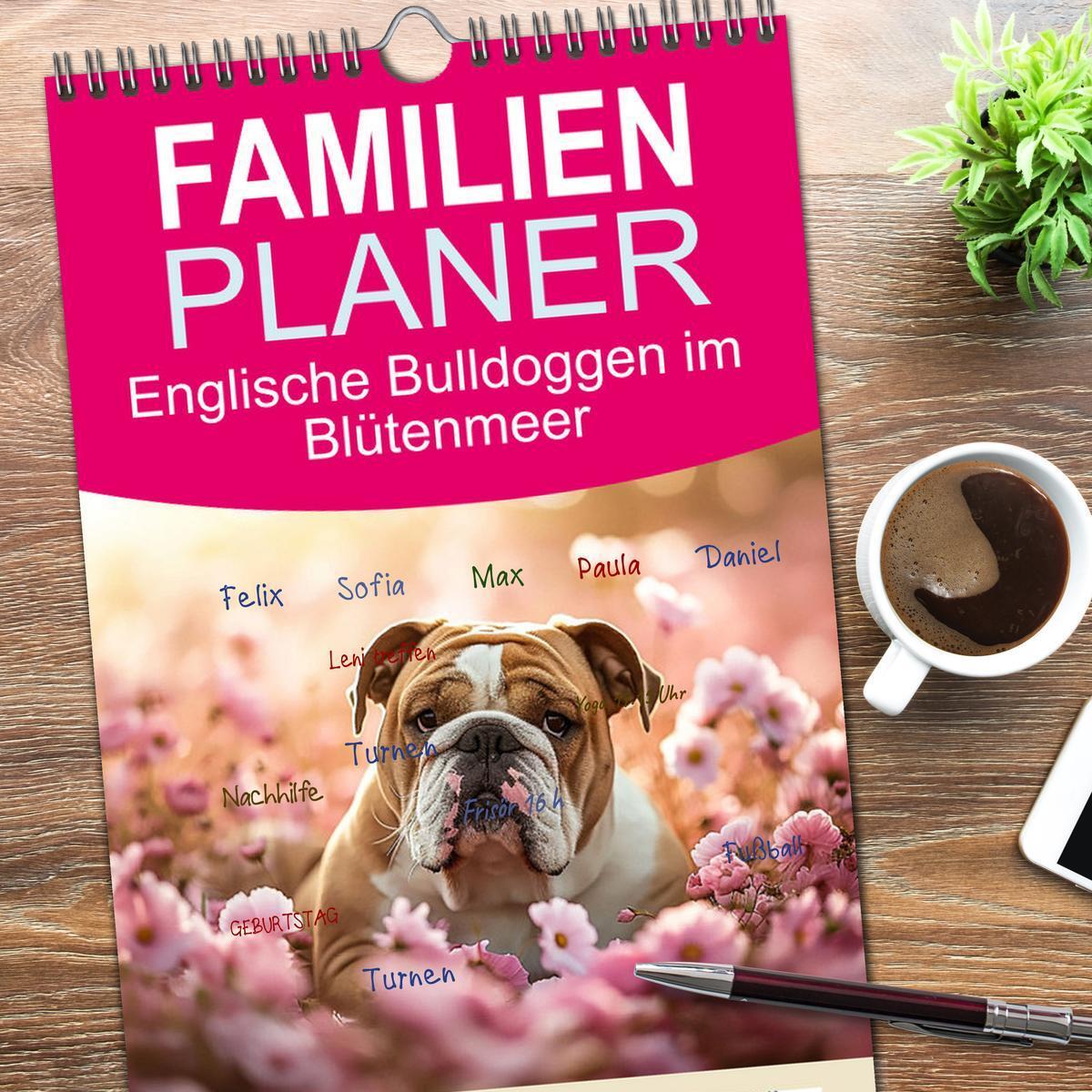 Bild: 9783457190869 | Familienplaner 2025 - Englische Bulldoggen im Blütenmeer mit 5...