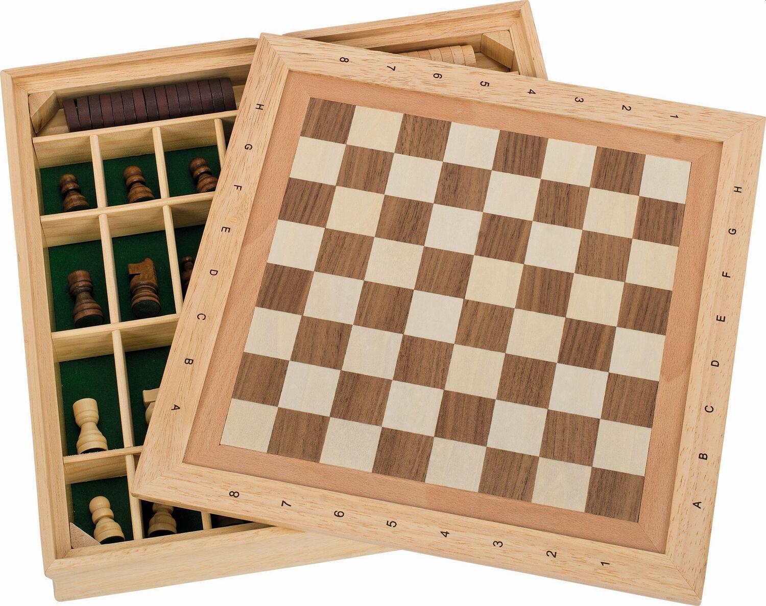 Cover: 4013594569538 | Spiele-Set Schach-Dame-Mühle | 34 x 34 x 5 cm, Holzkassette, per Set