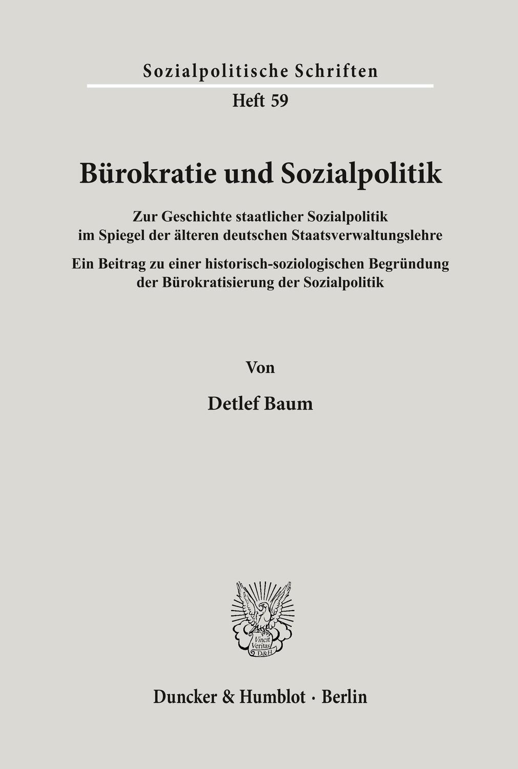 Cover: 9783428064700 | Bürokratie und Sozialpolitik. | Detlef Baum | Taschenbuch | Paperback