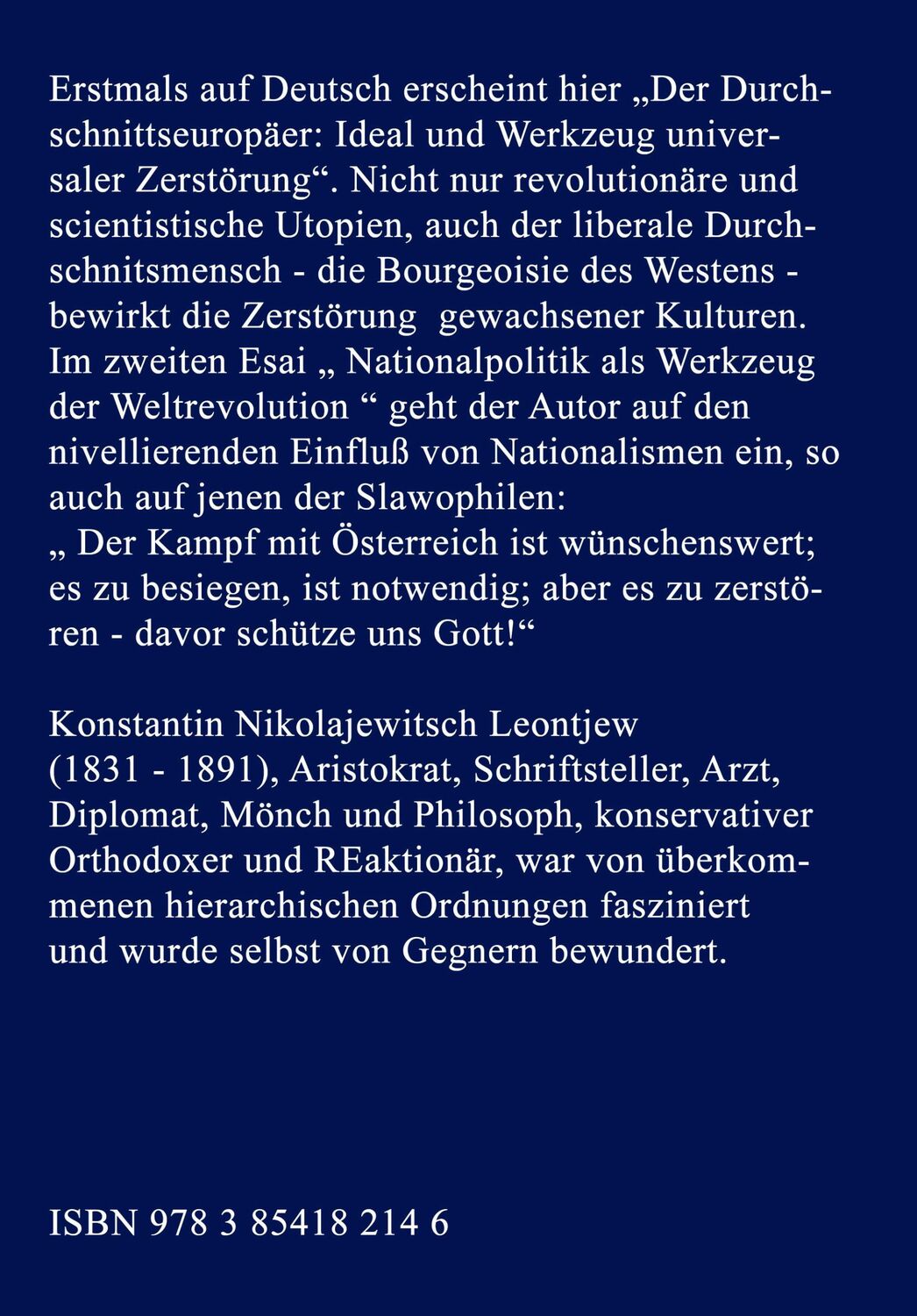 Rückseite: 9783854182146 | Der Durchschnittseuropäer: | Ideal und Werkzeug universaler Zerstörung