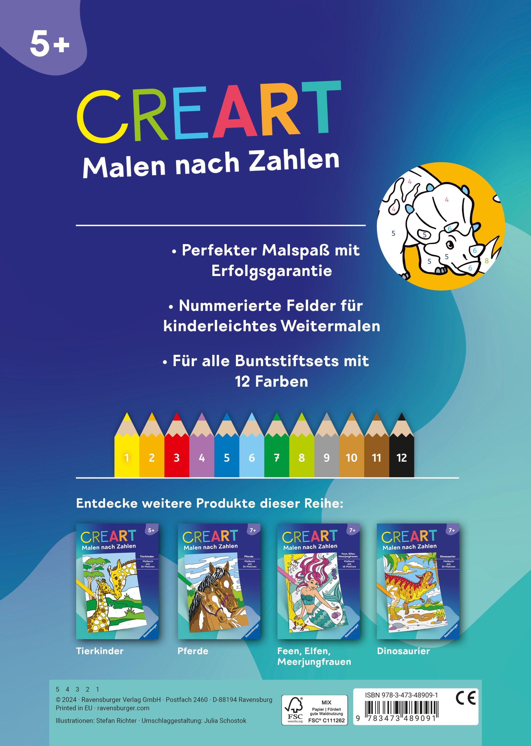 Rückseite: 9783473489091 | Ravensburger CreArt Malen nach Zahlen ab 5 Dinosaurier - 24 Motive