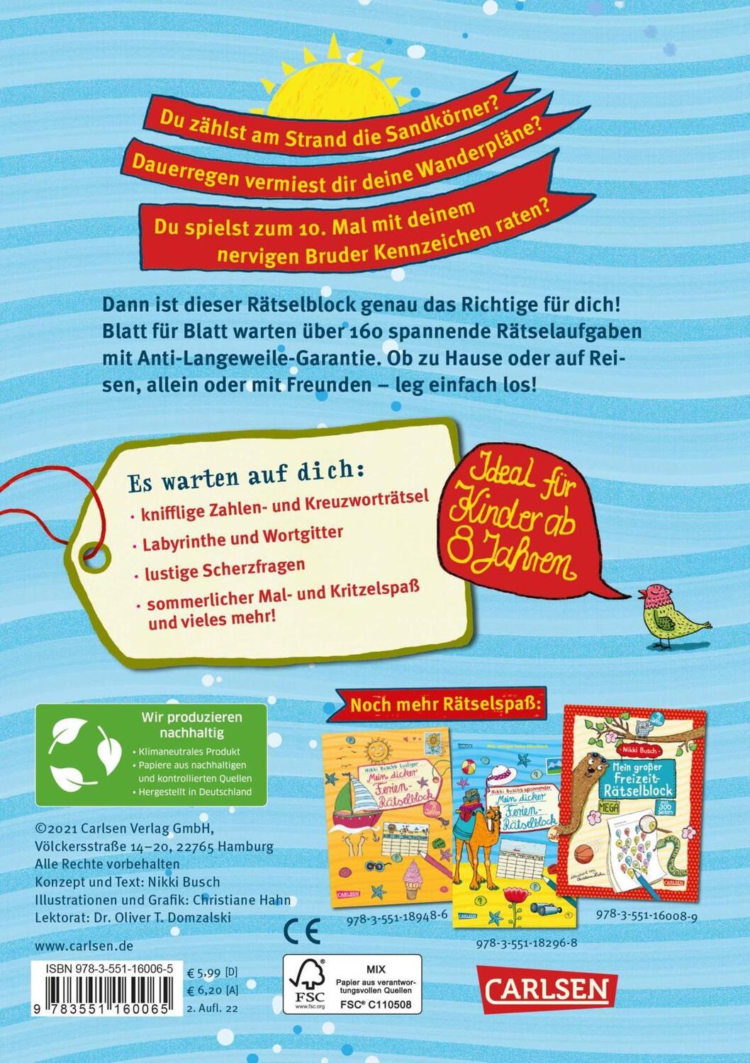 Rückseite: 9783551160065 | Mein dicker Ferien-Rätselblock | Nikki Busch | Taschenbuch | Deutsch