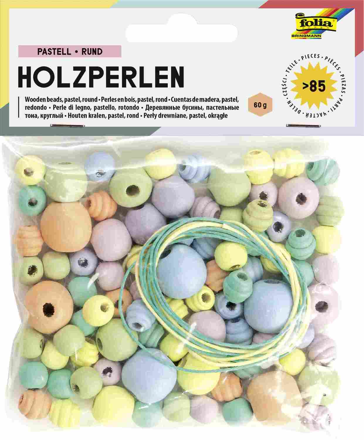 Cover: 4001868119466 | Folia Holzperlen PASTELL RUND, 50g/&gt;85 Teile &amp; 2x Schnüre à 85cm