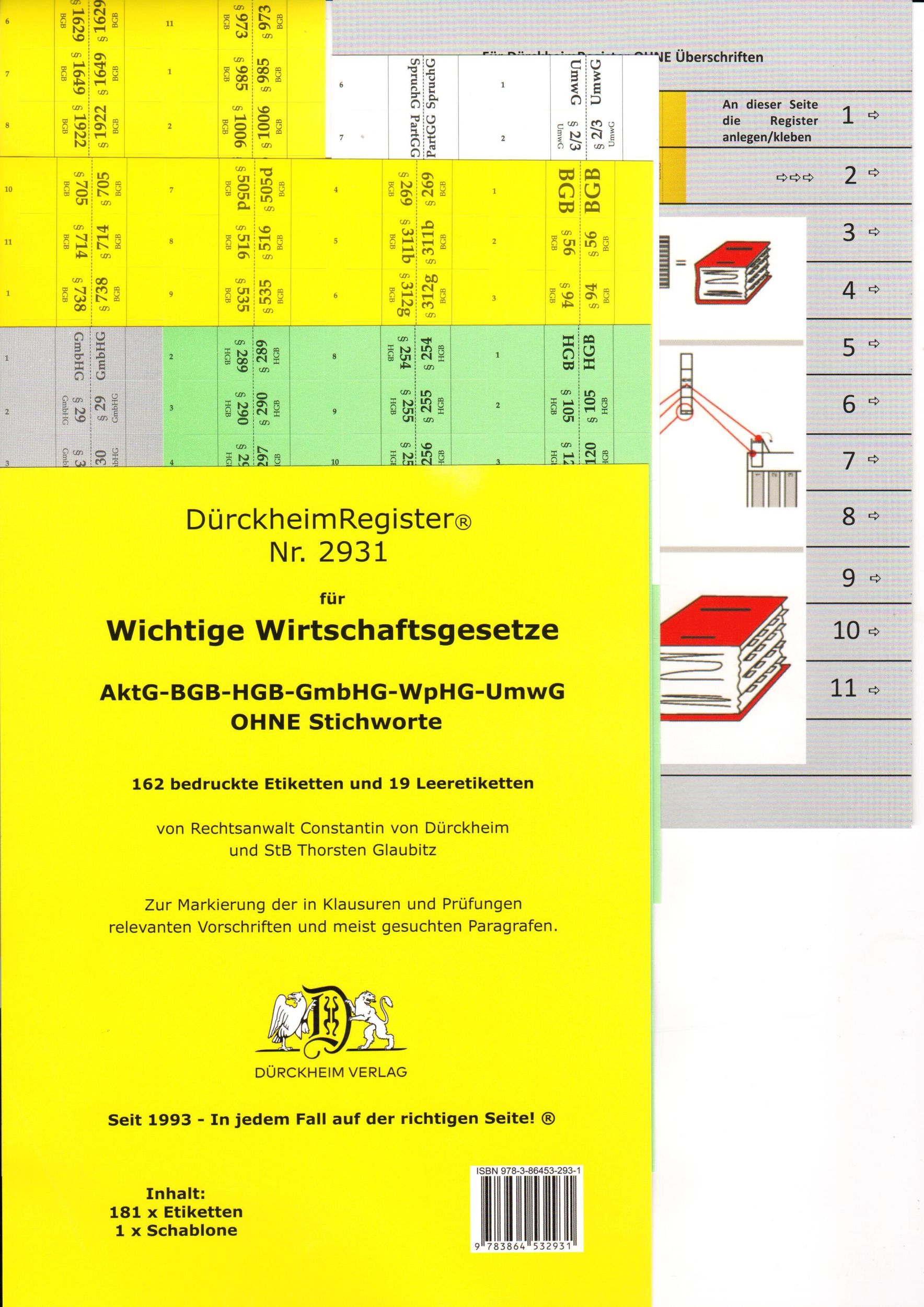 Cover: 9783864532931 | DürckheimRegister® WICHTIGE WIRTSCHAFTSGESETZE (BGB, HGB, GmbHG,...