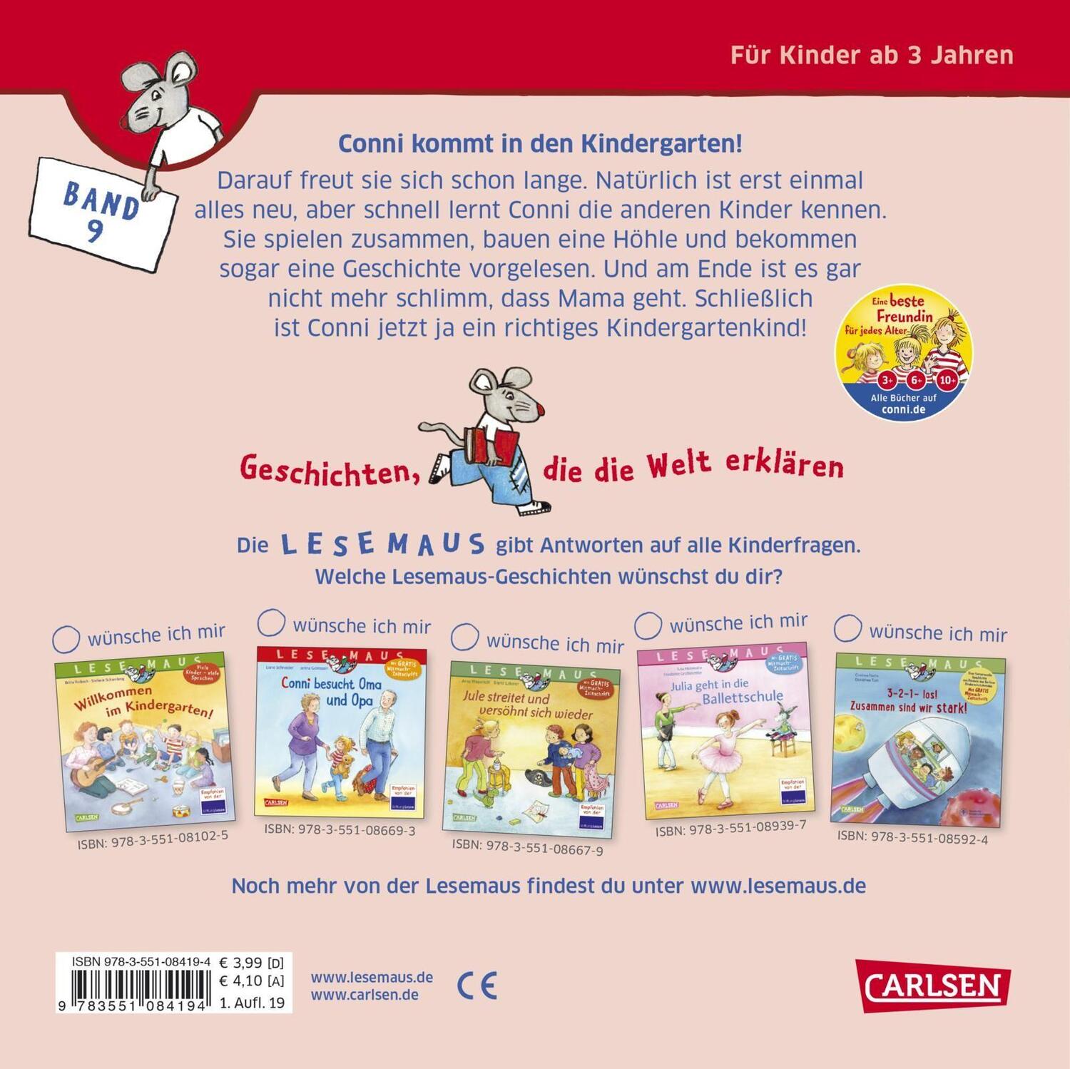 Rückseite: 9783551084194 | LESEMAUS 9: Conni kommt in den Kindergarten (Neuausgabe) | Schneider