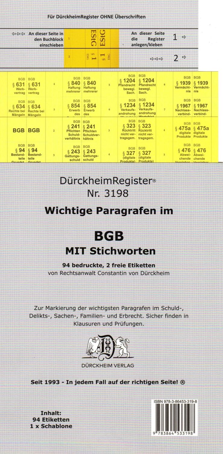 Cover: 9783864533198 | DürckheimRegister® BGB - WICHTIGE §§ MIT STICHWORTEN Im...