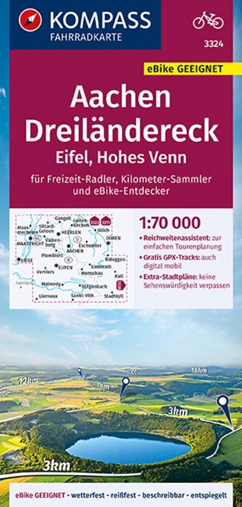 Cover: 9783990448663 | KOMPASS Fahrradkarte 3324 Aachen, Dreiländereck, Eifel, Hohes Venn...