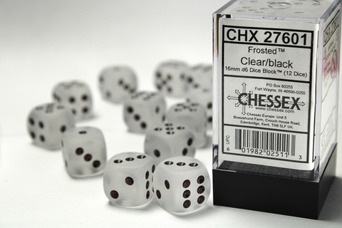 Cover: 601982025113 | Frosted™ 16mm d6 Clear/black Dice Block™ (12 dice) | deutsch | Chessex