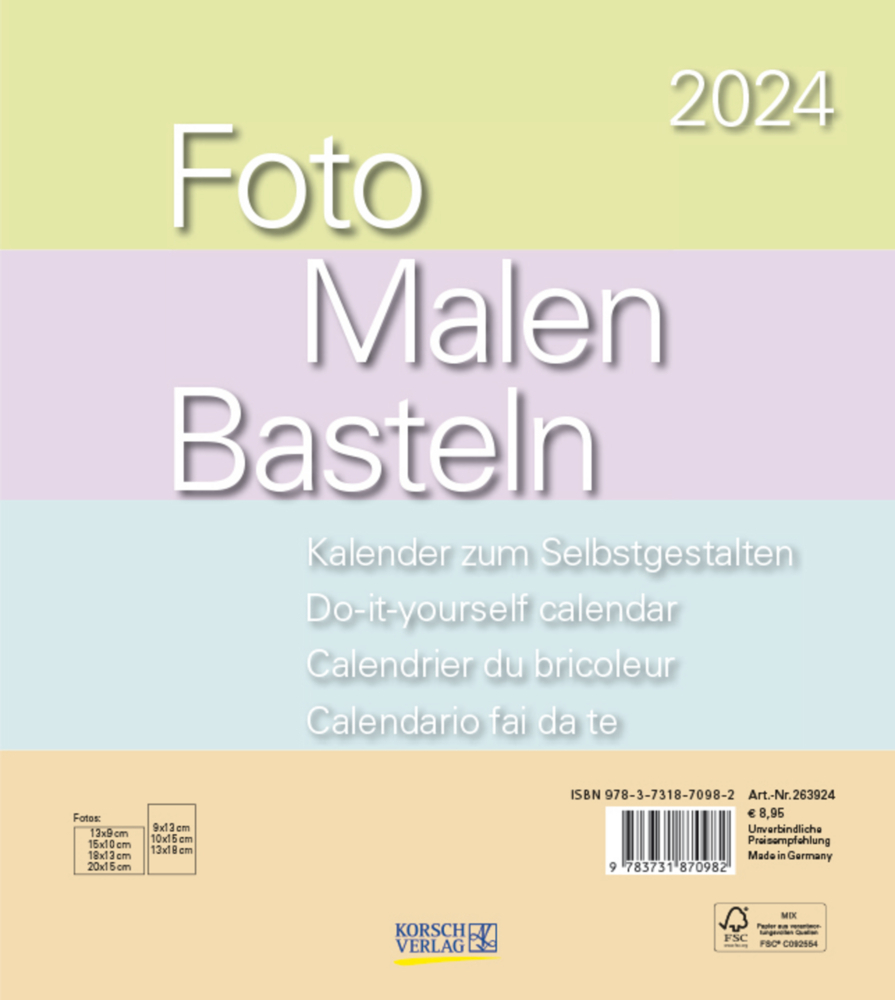 Cover: 9783731870982 | Foto-Malen-Basteln Bastelkalender Pastell 2024 | Korsch Verlag | 14 S.