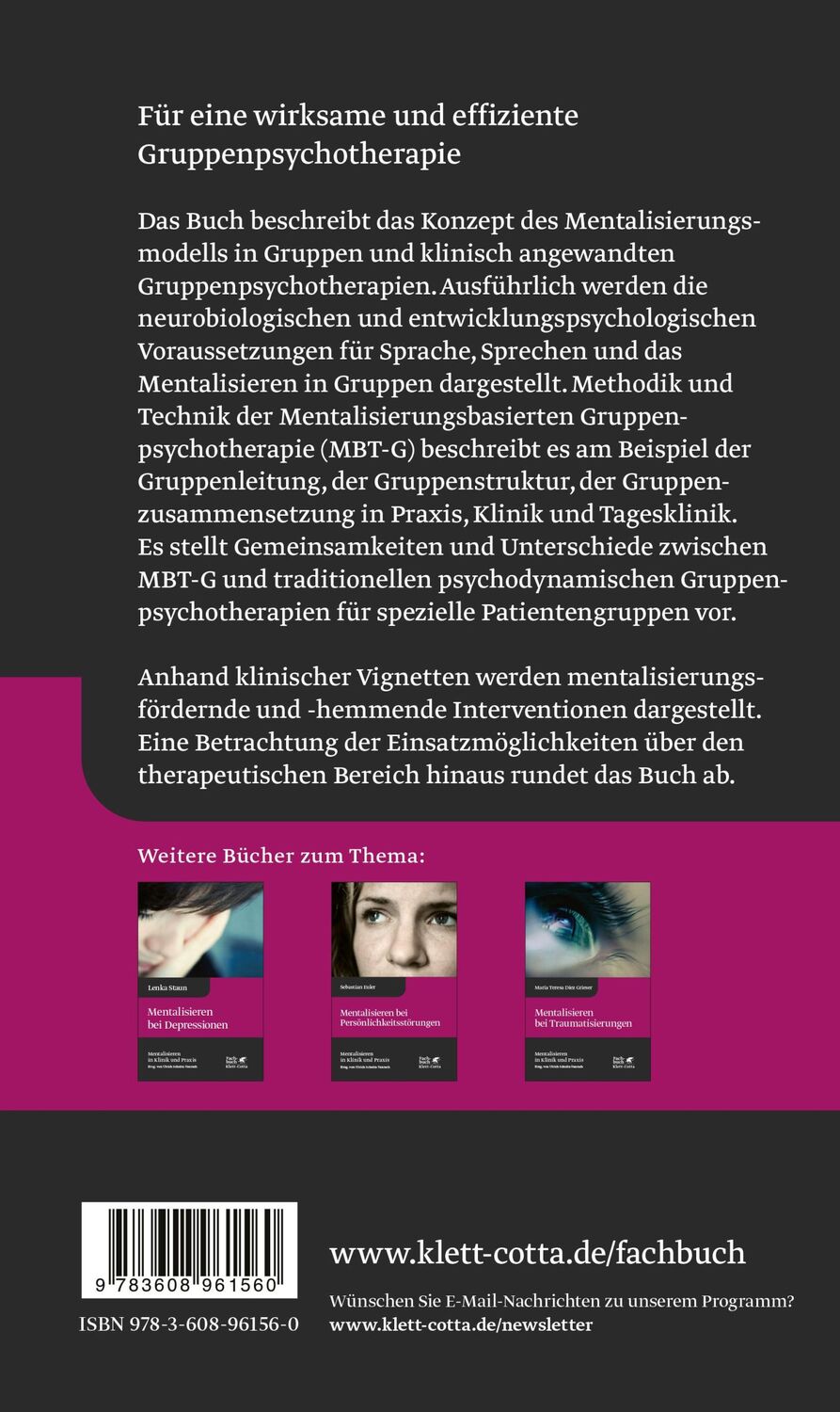 Rückseite: 9783608961560 | Mentalisieren in Gruppen (Mentalisieren in Klinik und Praxis, Bd. 1)