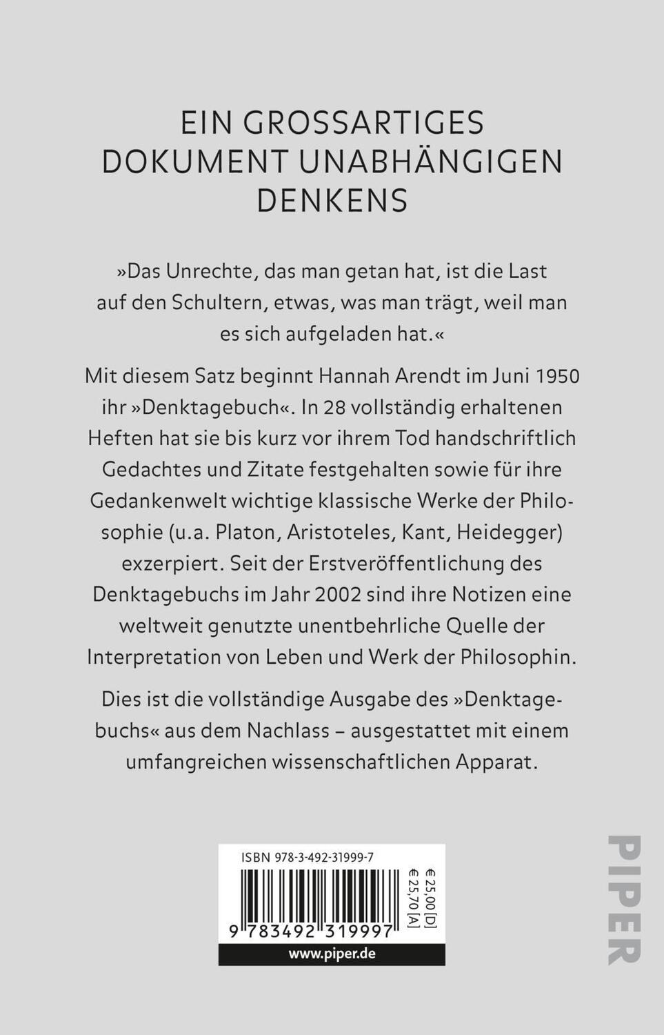 Rückseite: 9783492319997 | Denktagebuch | 1950 - 1973 | Hannah Arendt | Taschenbuch | Deutsch