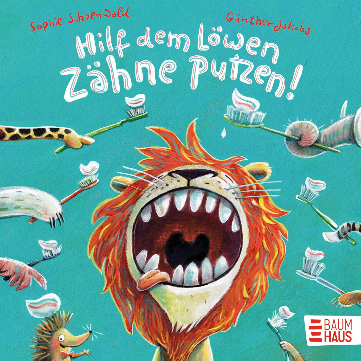 Cover: 9783414825612 | Hilf dem Löwen Zähne putzen! (Pappbilderbuch) | Sophie Schoenwald