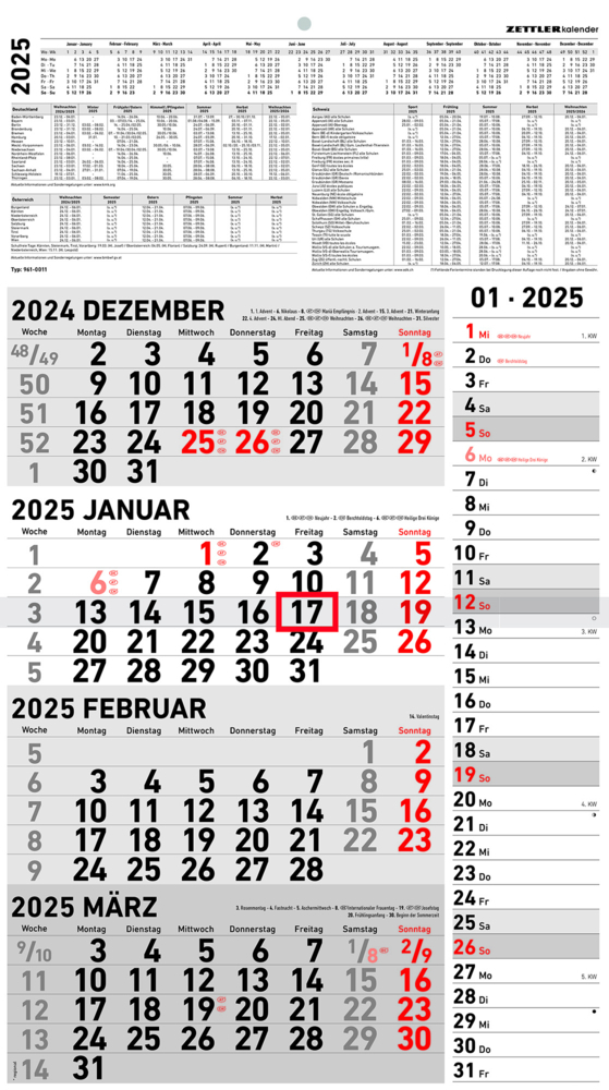 Cover: 4006928026180 | Zettler - 4-Monatskalender Kombi 2025, 33x45cm, Bürokalender mit...