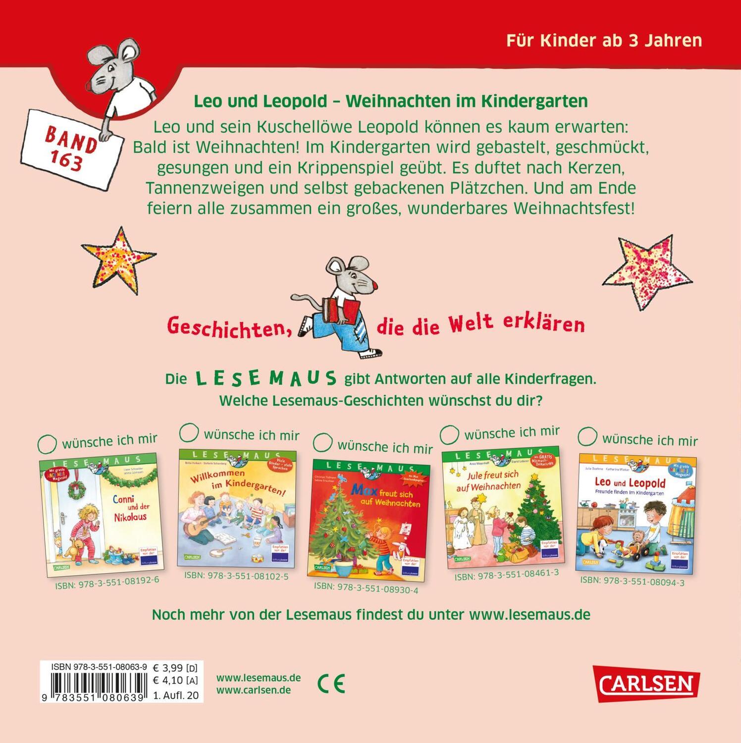 Rückseite: 9783551080639 | LESEMAUS 163: Leo und Leopold - Weihnachten im Kindergarten | Boehme