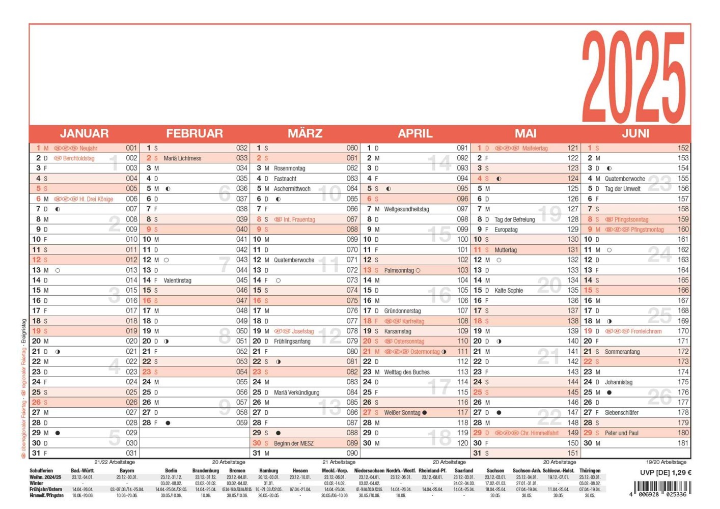 Cover: 4006928025336 | Zettler - Arbeitstagekalender 2025 weiß/rot, 29,7x21cm,...