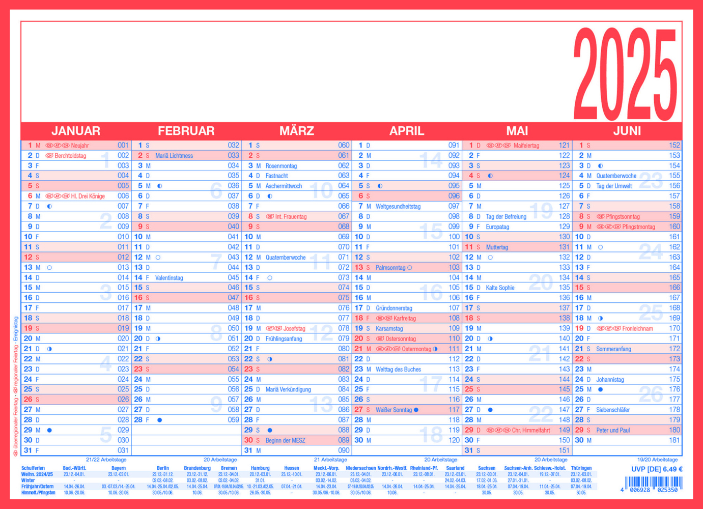 Cover: 4006928025350 | Zettler - Arbeitstagekalender 2025, 29x21cm, Plakatkalender mit 6...