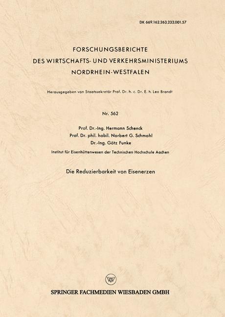 Cover: 9783663034704 | Die Reduzierbarkeit von Eisenerzen | Hermann Schenck | Taschenbuch